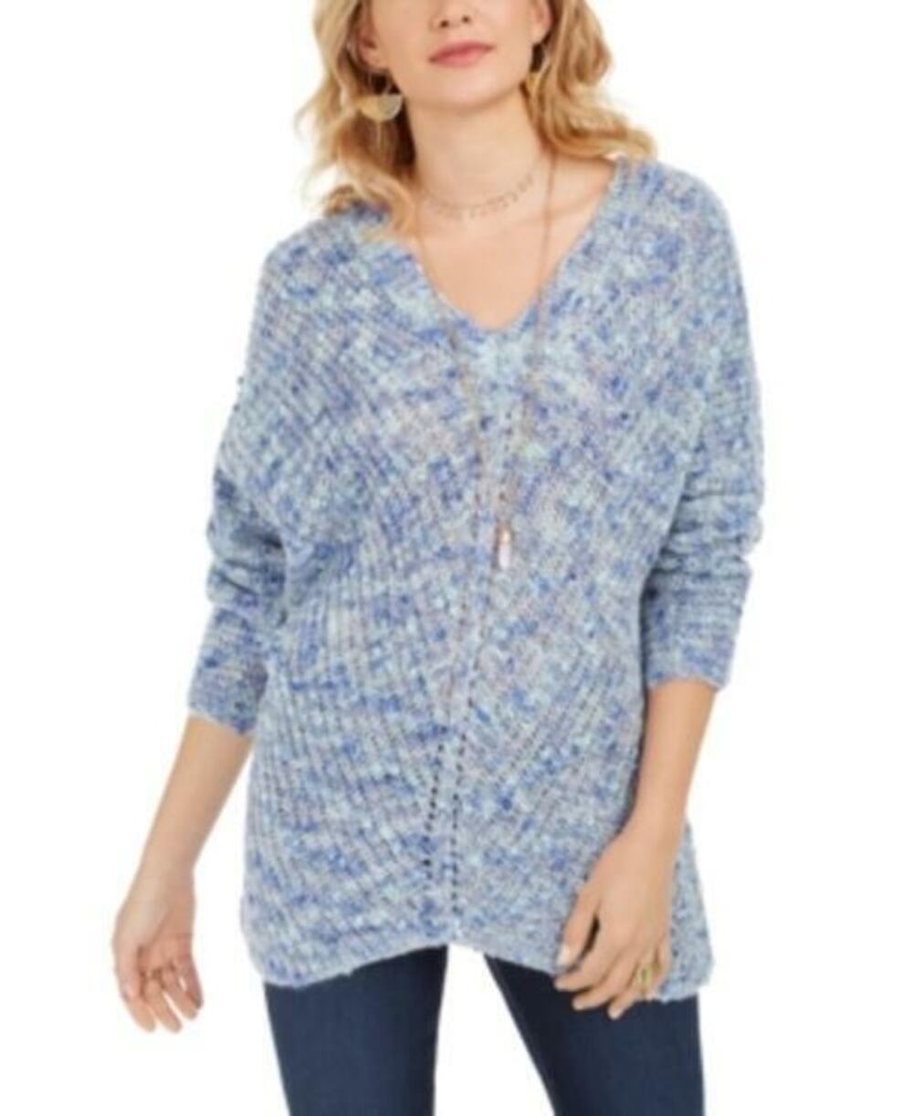 Style & Co NWT Blue Multi Pointelle Knit V-Neck Sweater Oversized M Soft Cozy